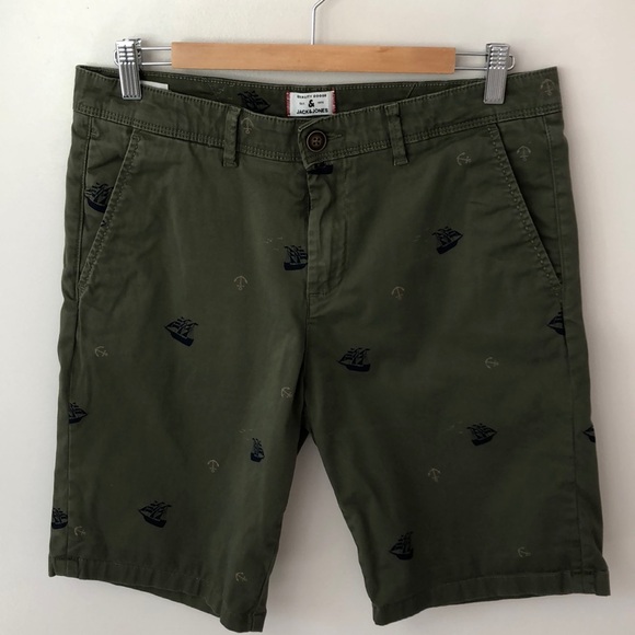 Shorts Jack & Jones Bowie Flat Front Chino Shorts Nautical Theme Green Size M. - Picture 1 of 13